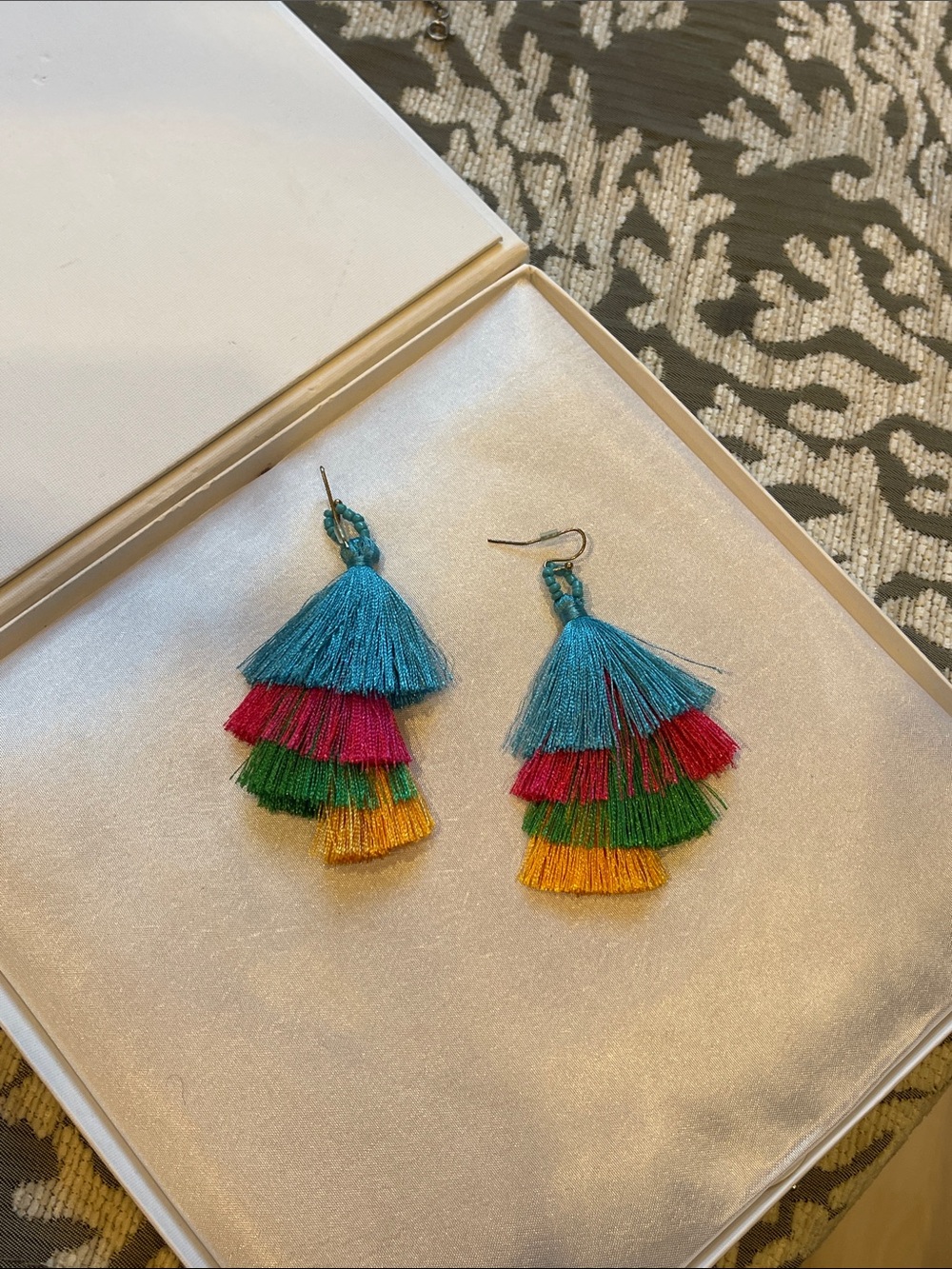 Artisan Blue, Pink, Green & Yellow Tiered Tassel Earrings